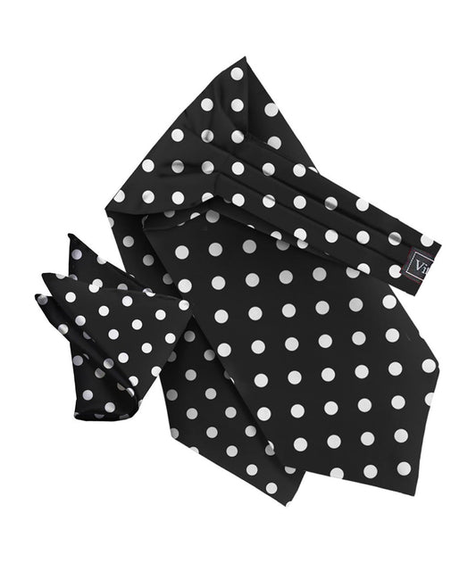 Vittorio Farina Men's Polka Dot Satin Ascot & Pocket Square - ASCOTS - PD_BLACK_WHITE - Classy Cufflinks