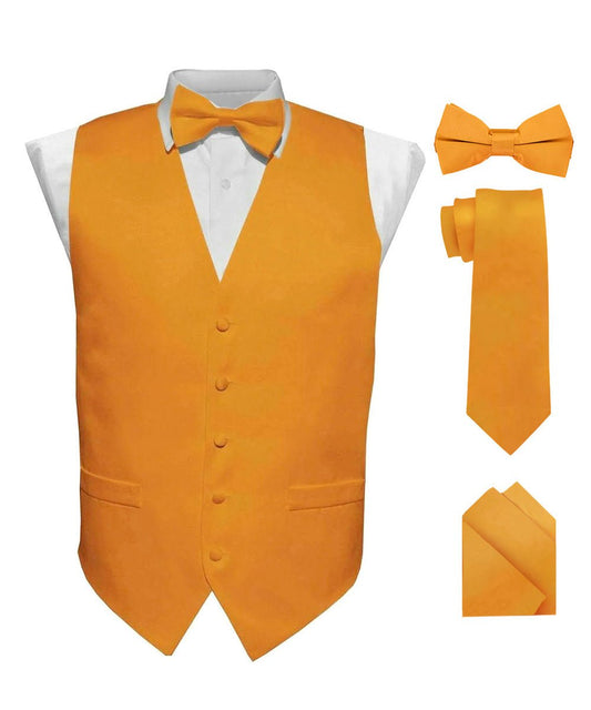 Vittorio Farina Men's Satin Vest, Necktie, Bow Tie and Pocket Square Set (White Back) - vest_plain_WB_mustard_XS - Classy Cufflinks