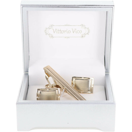Vittorio Vico Plain Gold Cufflink & Tie Bar Set in Gift Box