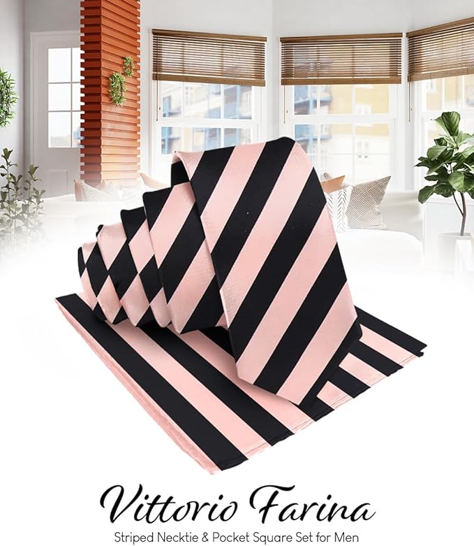 Vittorio Farina Men's Striped Satin Necktie &amp; Pocket Square