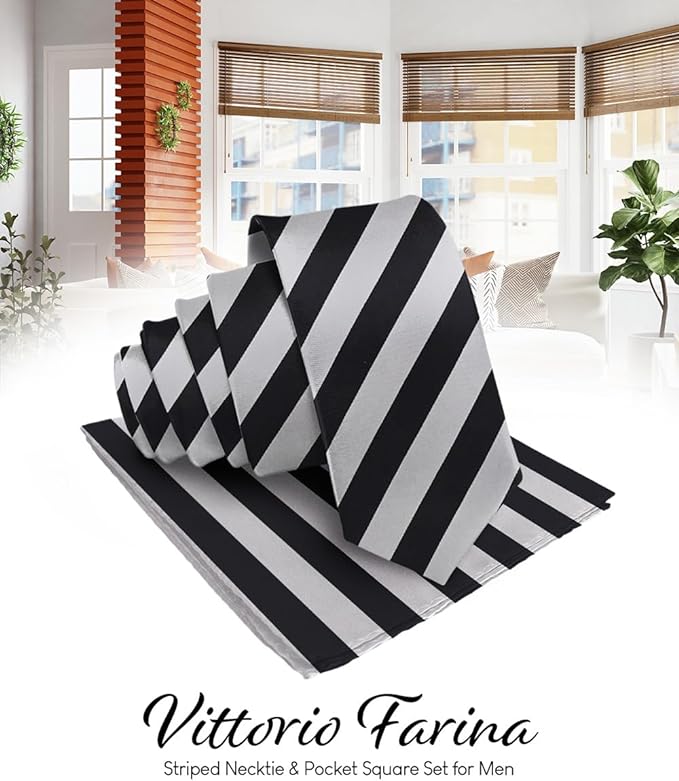 Vittorio Farina Men's Striped Satin Necktie &amp; Pocket Square