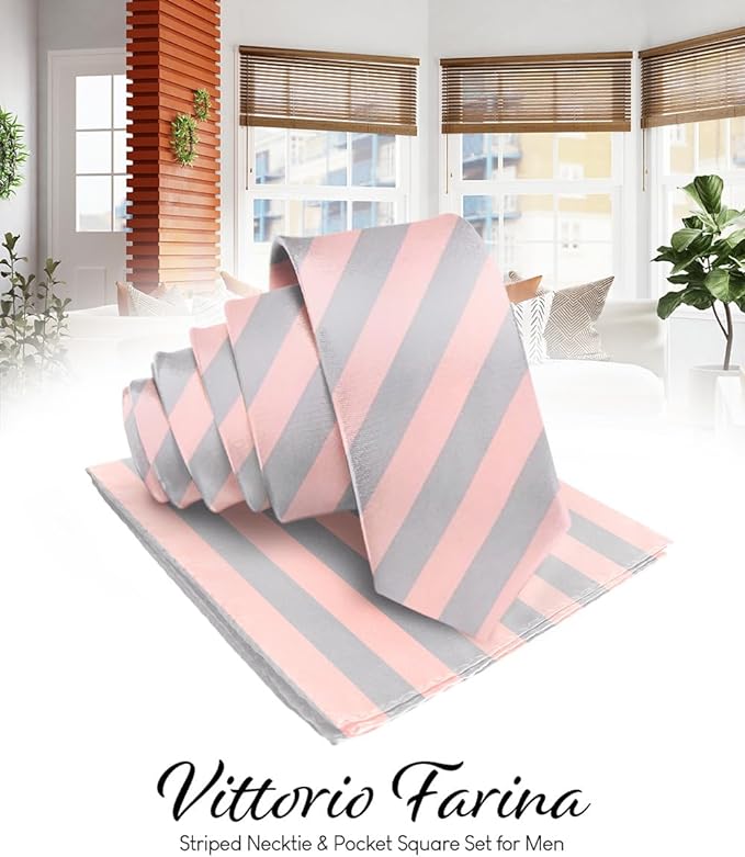 Vittorio Farina Men's Striped Satin Necktie &amp; Pocket Square
