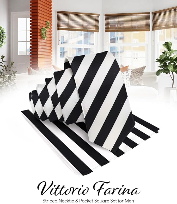 Vittorio Farina Men's Striped Satin Necktie &amp; Pocket Square