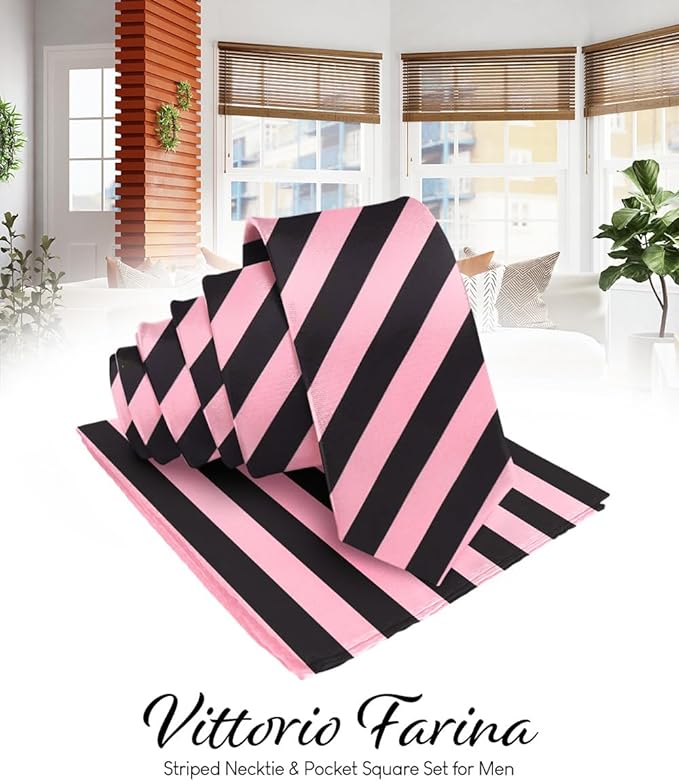 Vittorio Farina Men's Striped Satin Necktie &amp; Pocket Square
