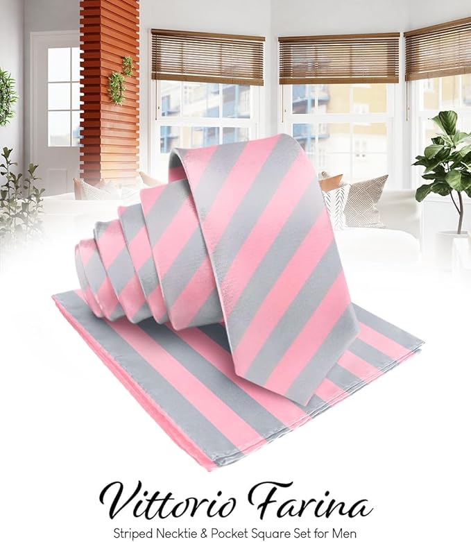 Vittorio Farina Men's Striped Satin Necktie &amp; Pocket Square