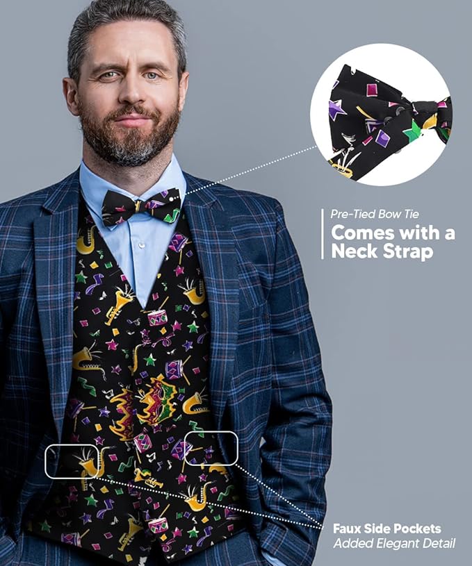 Vittorio Farina Mardi Gras Vest &amp; Bow Tie ONLY Ver 1. - vestB_mardi_BB_Mardi #8_S - Classy Cufflinks