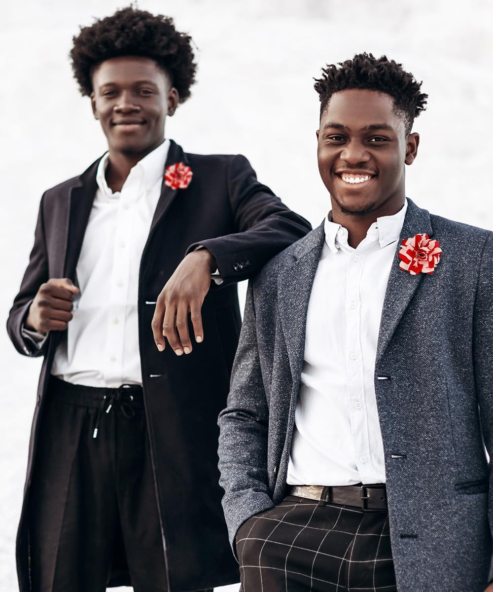 Vittorio Vico Men's Formal Striped Flower Lapel Pin: Flower Pin Suit Accessories Pins for Suit or Tuxedo - 85-red-white-stripe - Classy Cufflinks