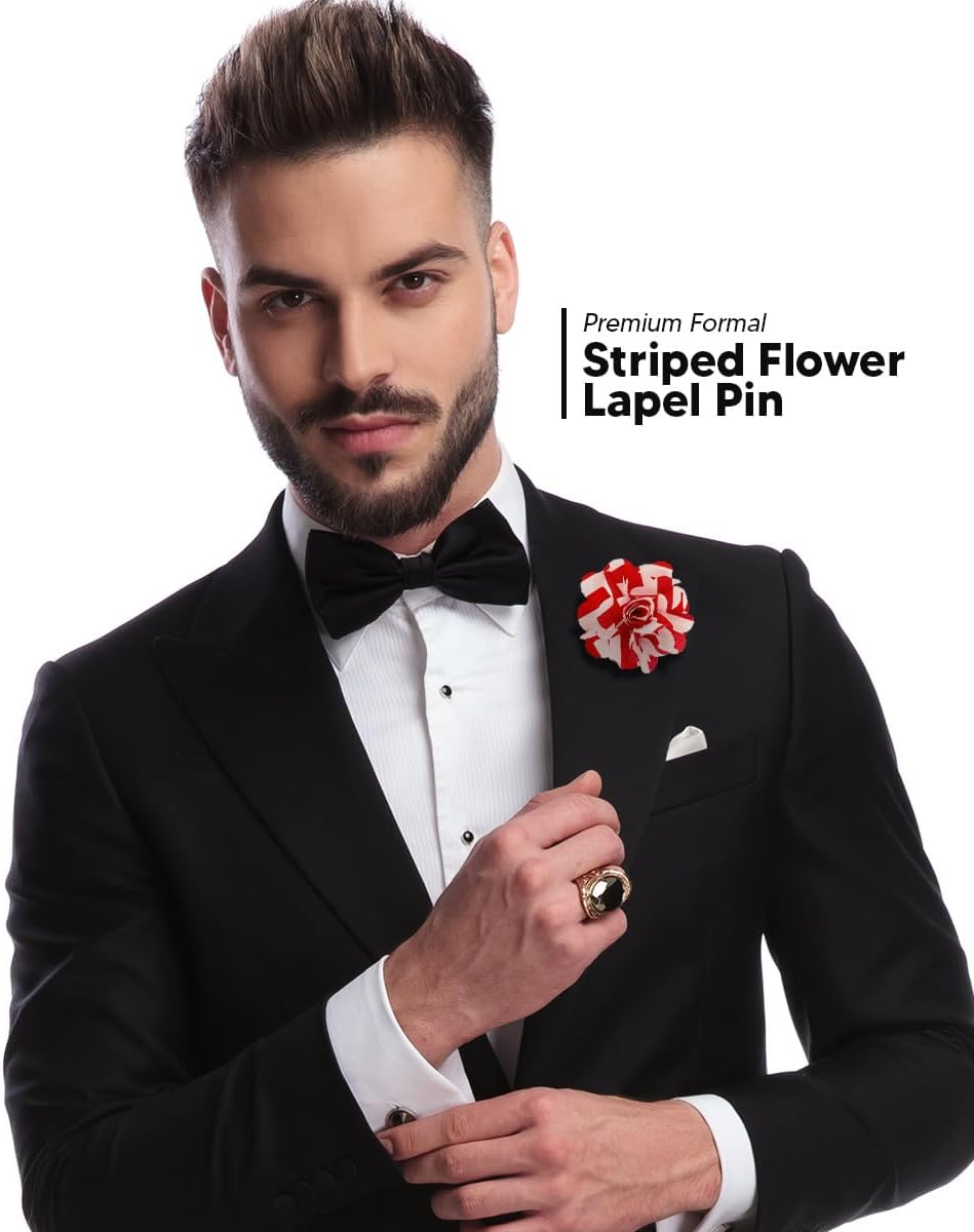 Vittorio Vico Men's Formal Striped Flower Lapel Pin: Flower Pin Suit Accessories Pins for Suit or Tuxedo - 85-red-white-stripe - Classy Cufflinks