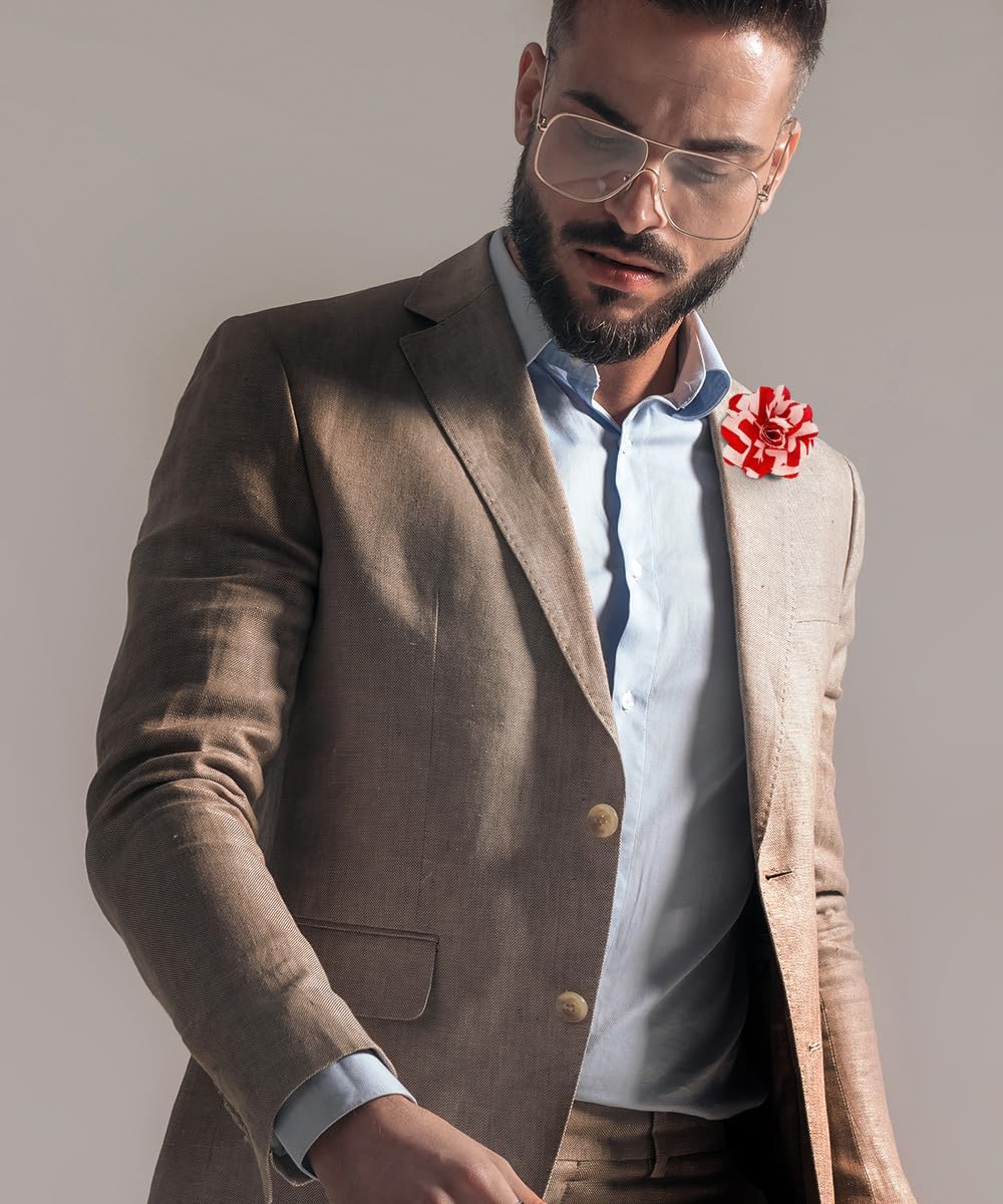 Vittorio Vico Men's Formal Striped Flower Lapel Pin: Flower Pin Suit Accessories Pins for Suit or Tuxedo - 85-red-white-stripe - Classy Cufflinks