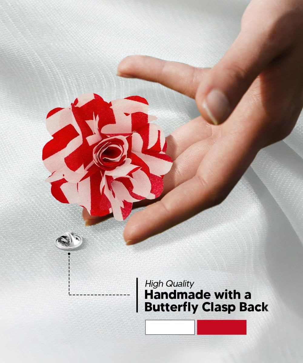 Vittorio Vico Men's Formal Striped Flower Lapel Pin: Flower Pin Suit Accessories Pins for Suit or Tuxedo - 85-red-white-stripe - Classy Cufflinks