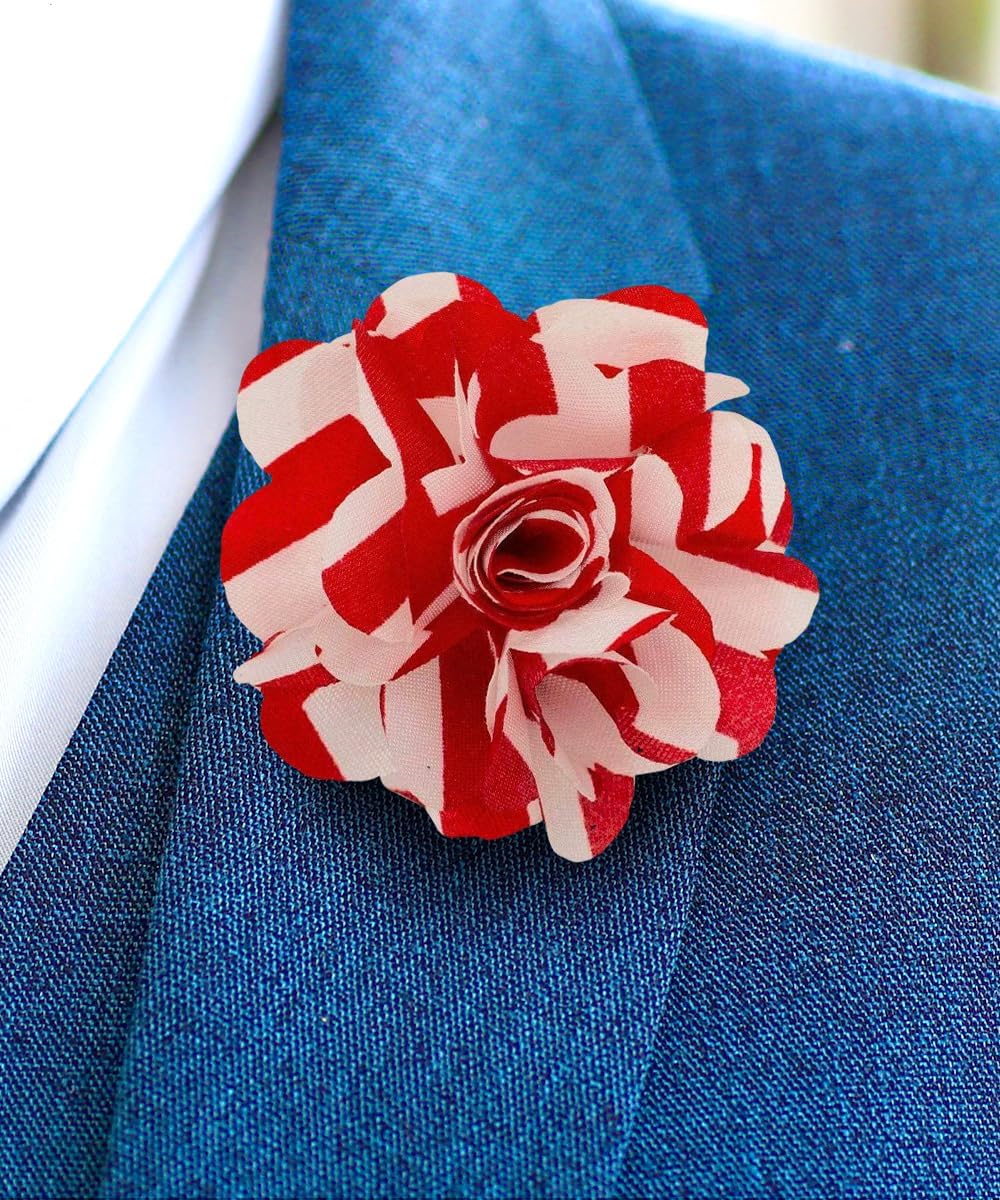 Vittorio Vico Men's Formal Striped Flower Lapel Pin: Flower Pin Suit Accessories Pins for Suit or Tuxedo - 85-red-white-stripe - Classy Cufflinks