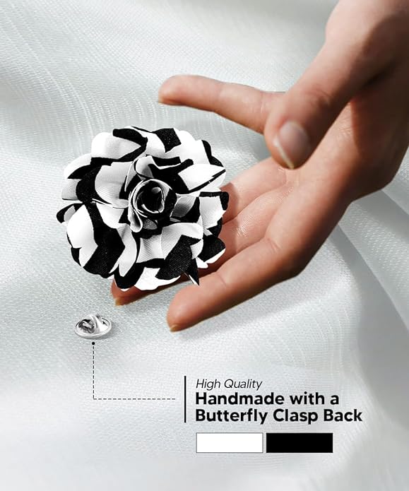 Vittorio Vico Men's Formal Striped Flower Lapel Pin: Flower Pin Suit Accessories Pins for Suit or Tuxedo - 86-black-white-stripe - Classy Cufflinks