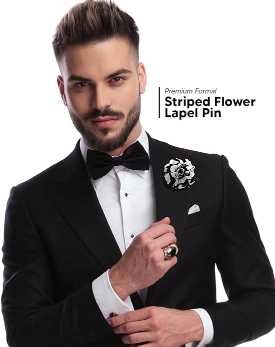 Vittorio Vico Men's Formal Striped Flower Lapel Pin: Flower Pin Suit Accessories Pins for Suit or Tuxedo - 86-black-white-stripe - Classy Cufflinks