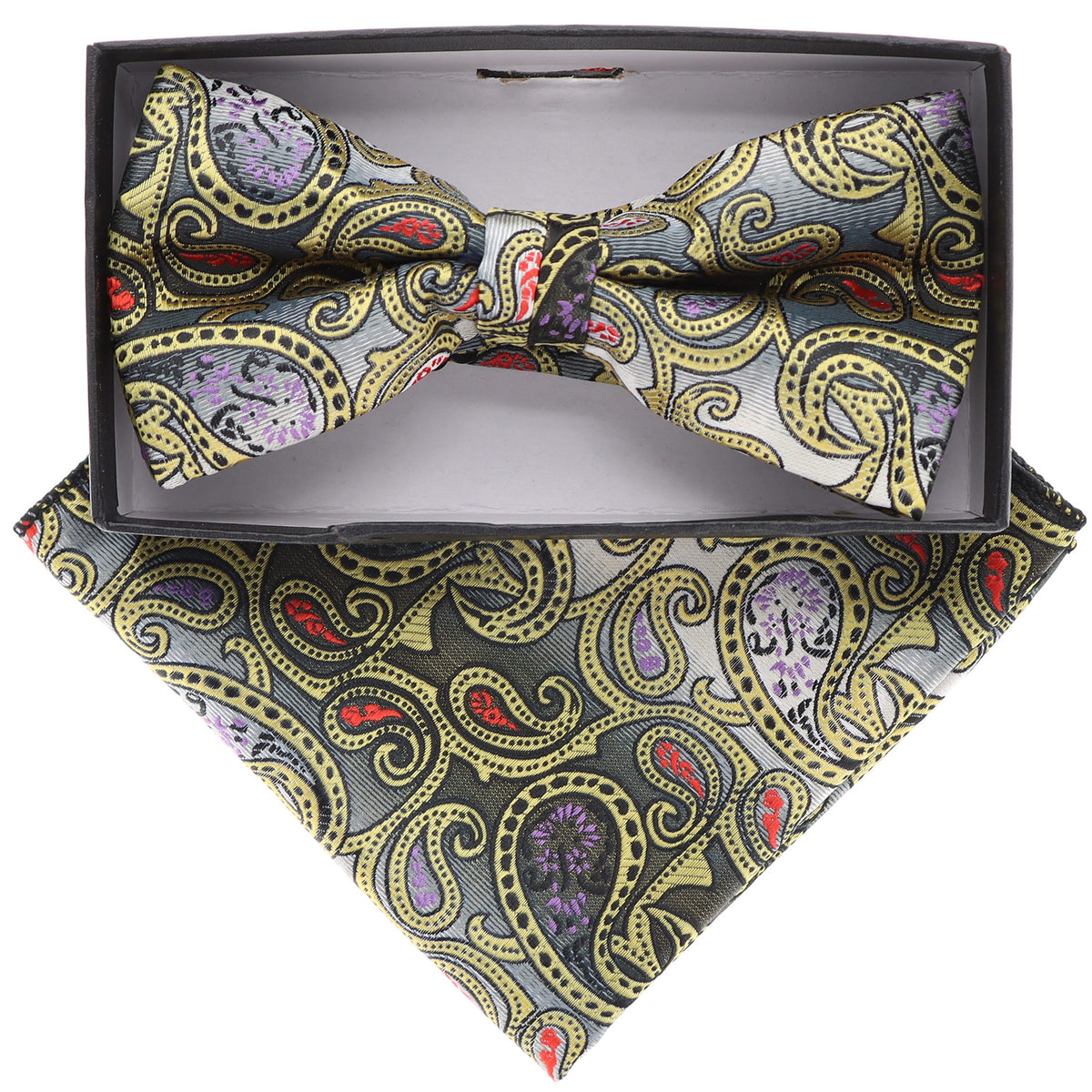 Vittorio Farina Men's Paisley Design Satin Bow Tie &amp; Pocket Square in Gift Box