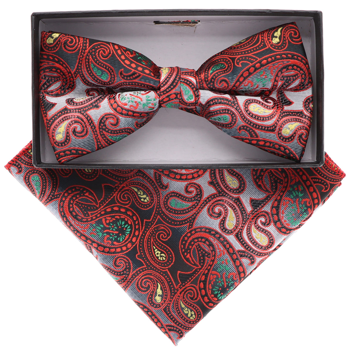 Vittorio Farina Men's Paisley Design Satin Bow Tie &amp; Pocket Square in Gift Box