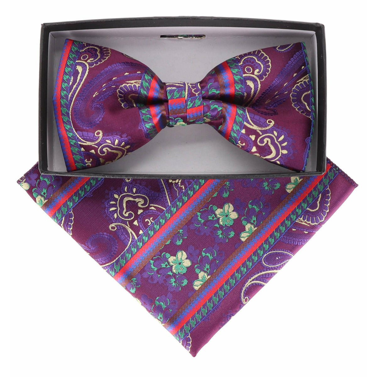 Vittorio Farina Men's Paisley Design Satin Bow Tie &amp; Pocket Square in Gift Box