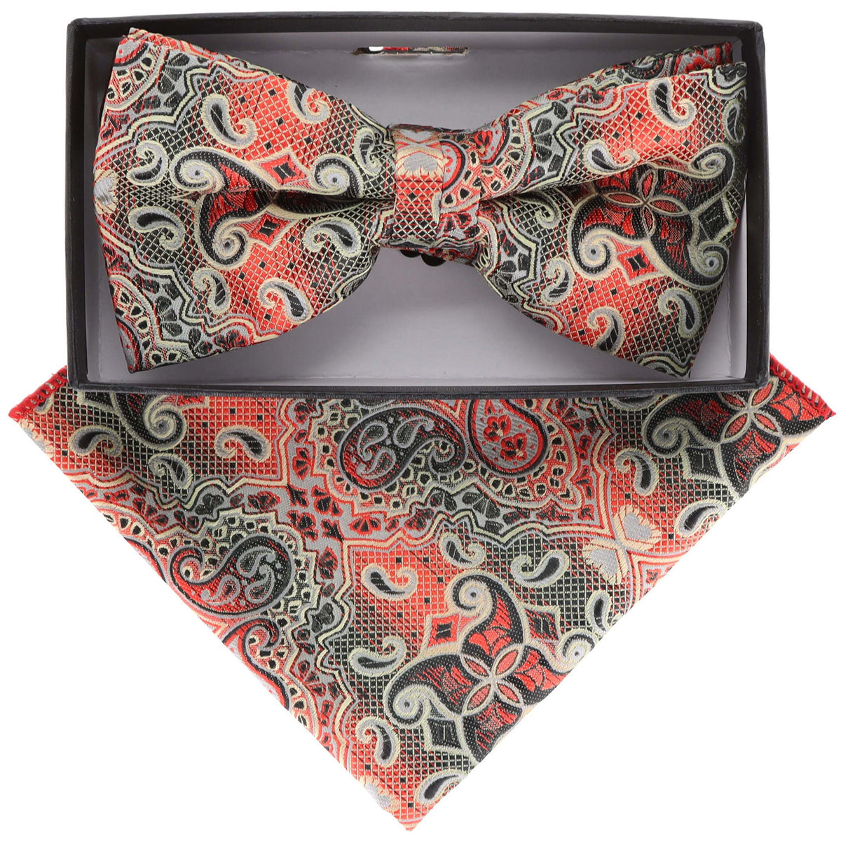 Vittorio Farina Men's Paisley Design Satin Bow Tie &amp; Pocket Square in Gift Box