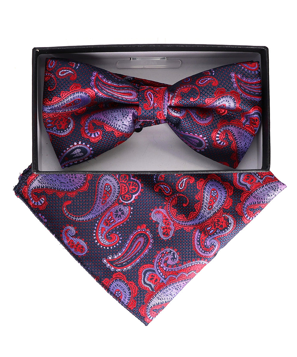 Vittorio Farina Men's Paisley Design Satin Bow Tie &amp; Pocket Square in Gift Box