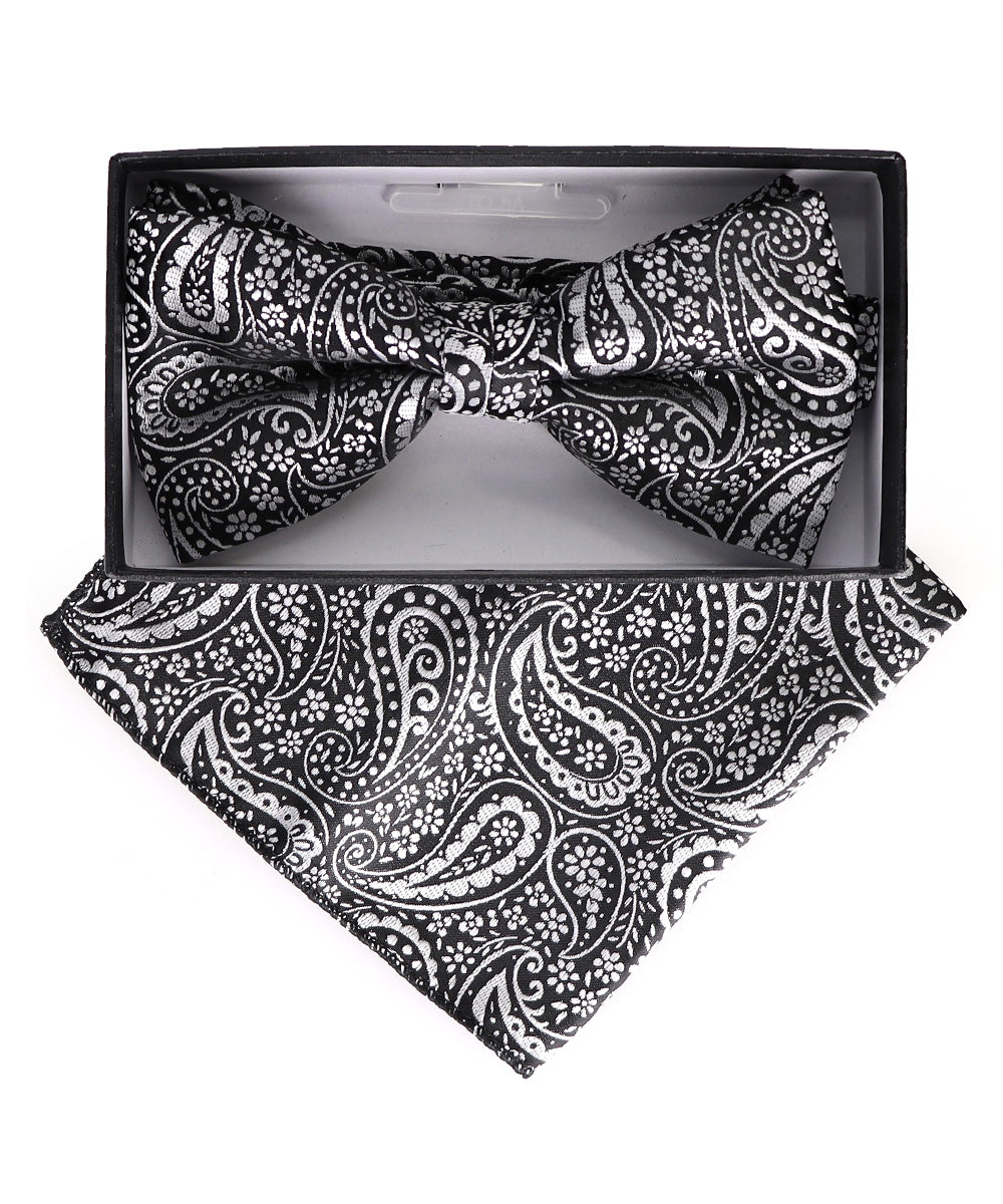 Vittorio Farina Men's Paisley Design Satin Bow Tie &amp; Pocket Square in Gift Box