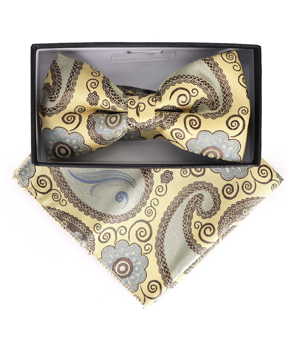 Vittorio Farina Men's Paisley Design Satin Bow Tie &amp; Pocket Square in Gift Box