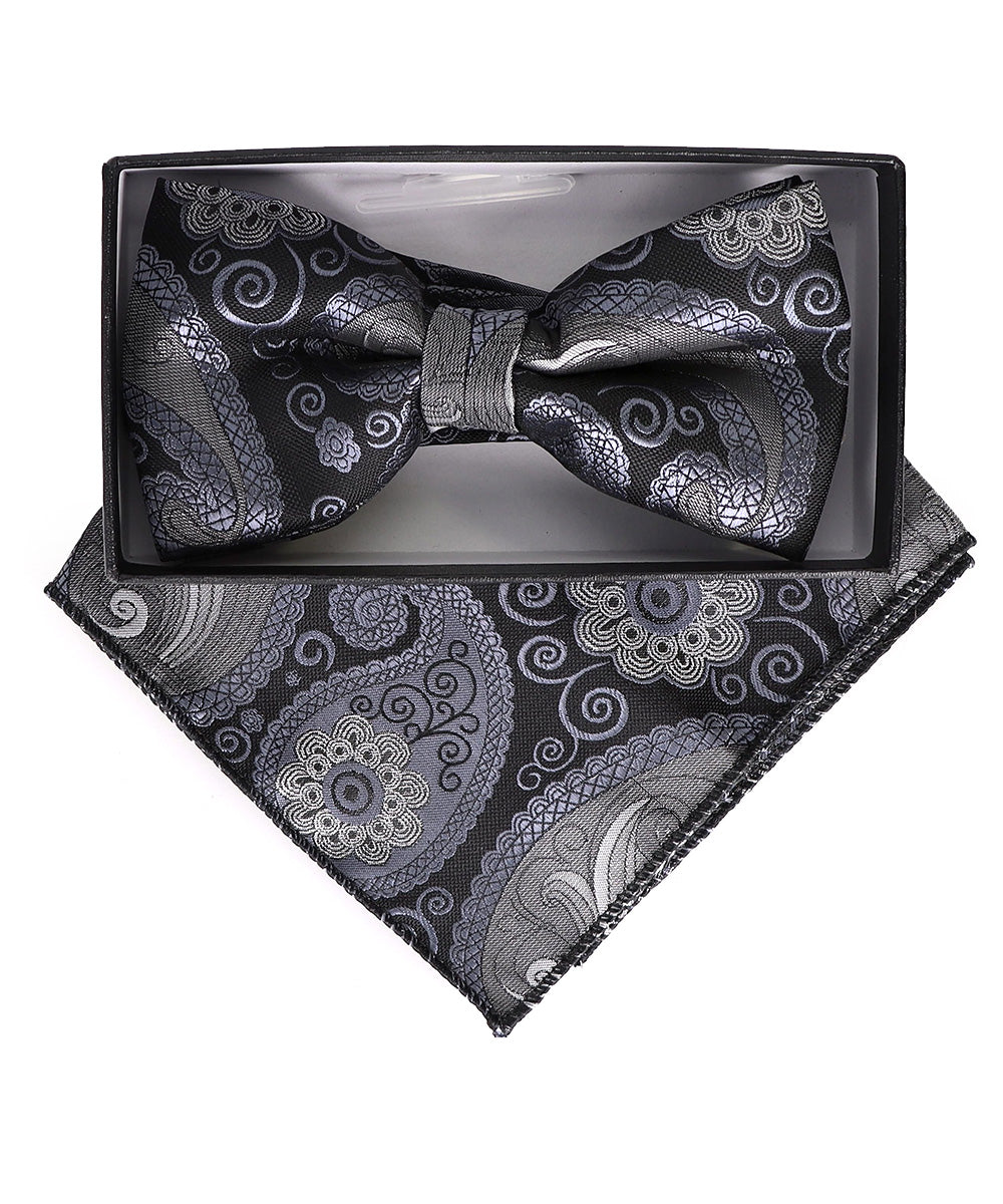 Vittorio Farina Men's Paisley Design Satin Bow Tie &amp; Pocket Square in Gift Box