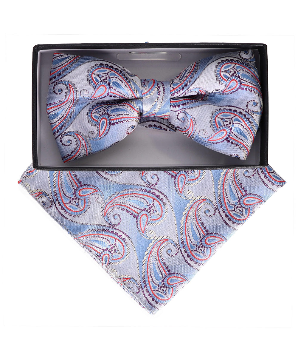 Vittorio Farina Men's Paisley Design Satin Bow Tie &amp; Pocket Square in Gift Box