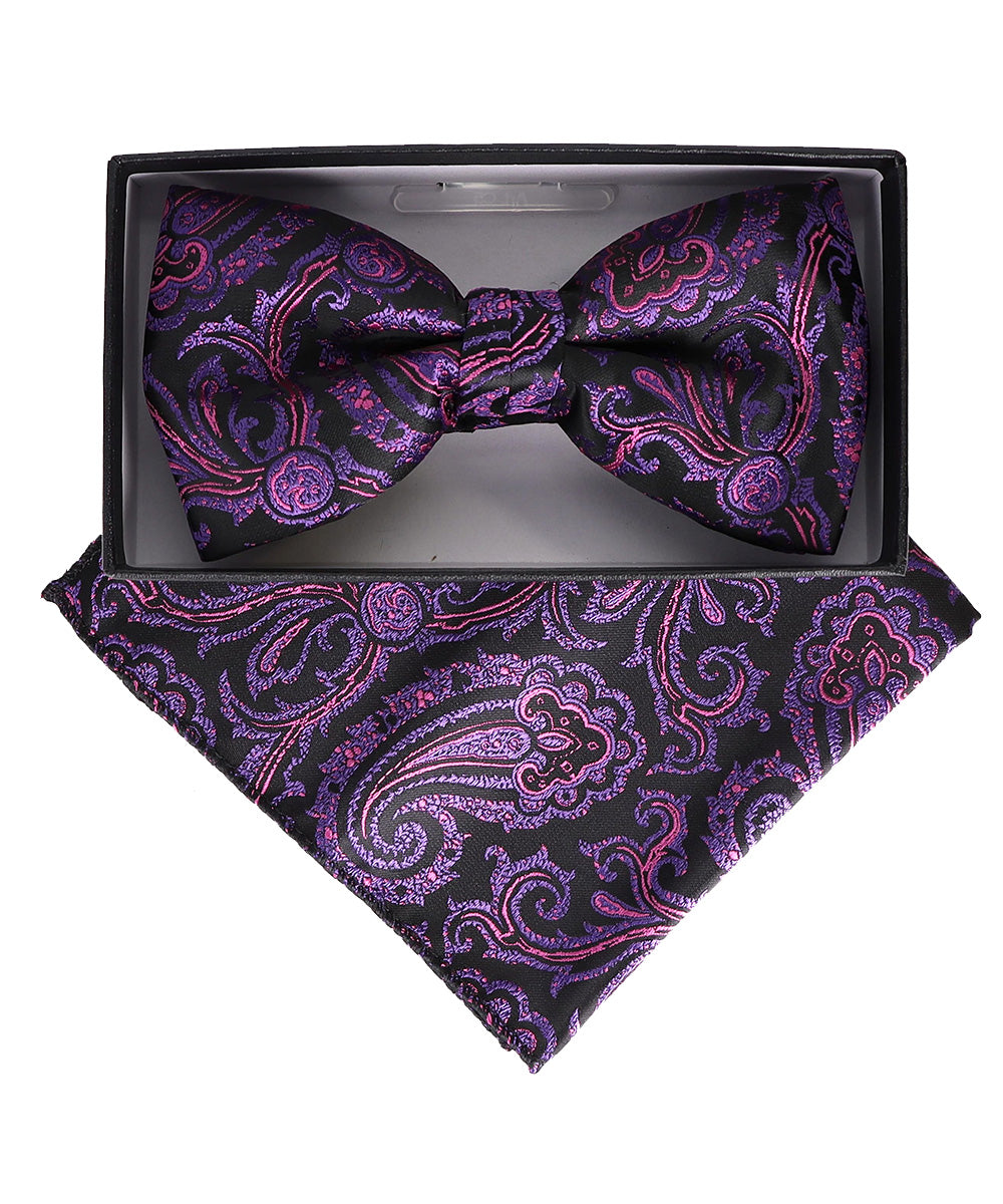 Vittorio Farina Men's Paisley Design Satin Bow Tie &amp; Pocket Square in Gift Box