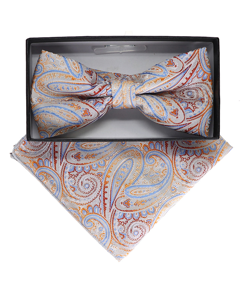 Vittorio Farina Men's Paisley Design Satin Bow Tie &amp; Pocket Square in Gift Box