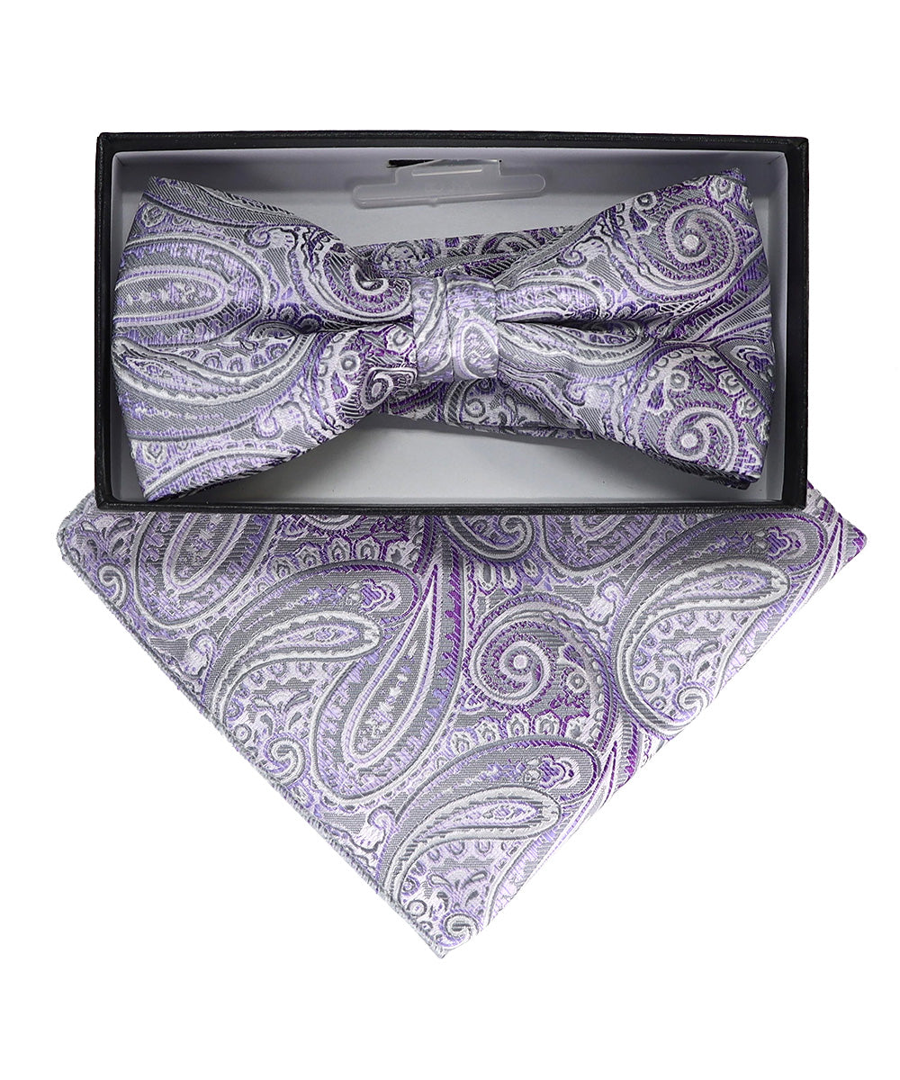 Vittorio Farina Men's Paisley Design Satin Bow Tie &amp; Pocket Square in Gift Box