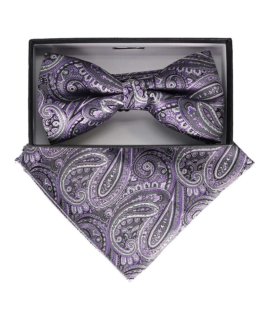 Vittorio Farina Men's Paisley Design Satin Bow Tie &amp; Pocket Square in Gift Box