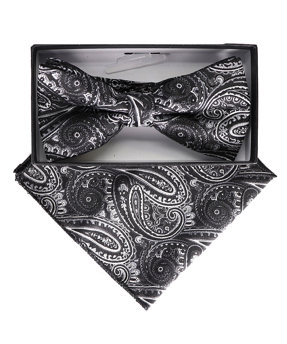 Vittorio Farina Men's Paisley Design Satin Bow Tie &amp; Pocket Square in Gift Box