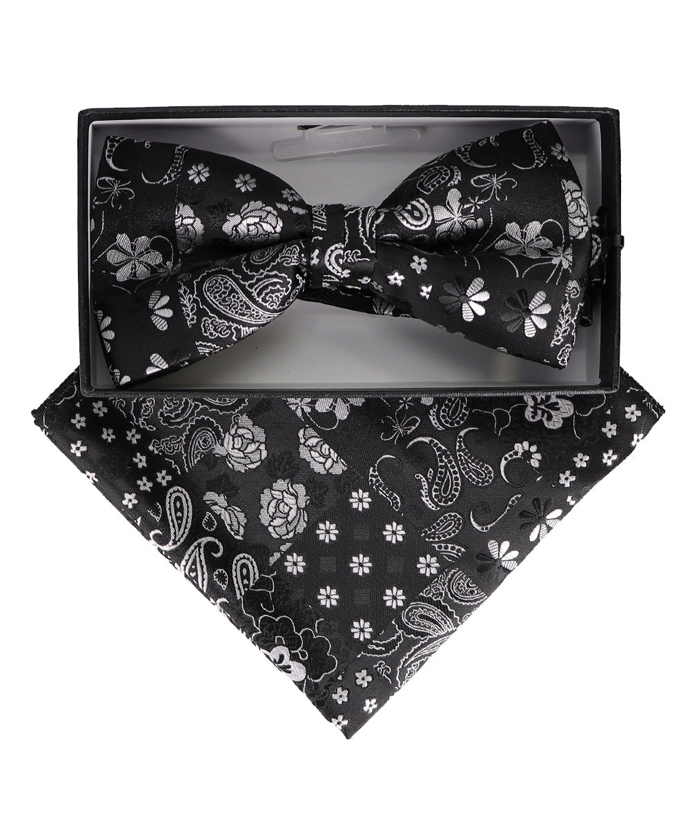 Vittorio Farina Men's Paisley Design Satin Bow Tie &amp; Pocket Square in Gift Box