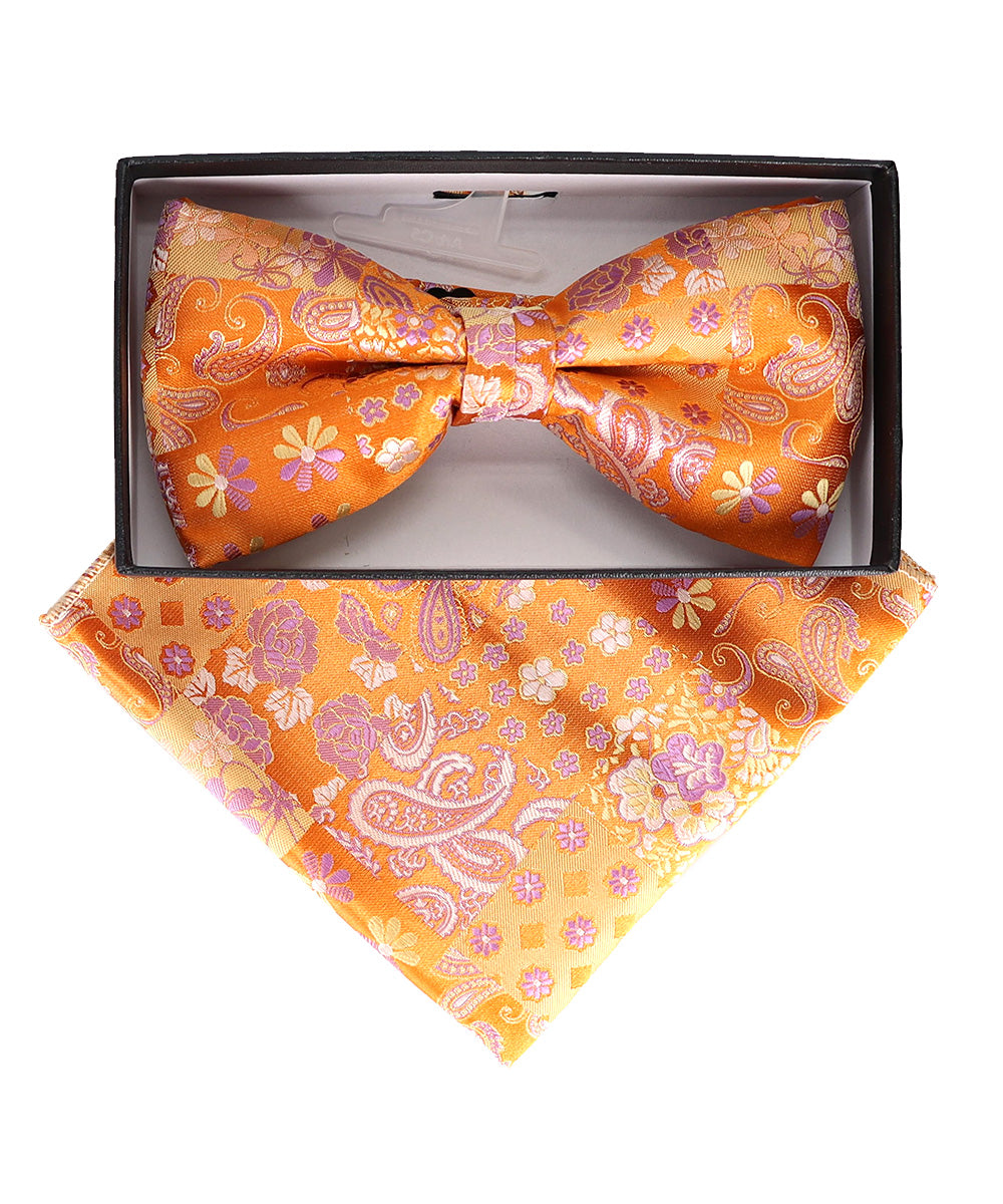 Vittorio Farina Men's Paisley Design Satin Bow Tie &amp; Pocket Square in Gift Box