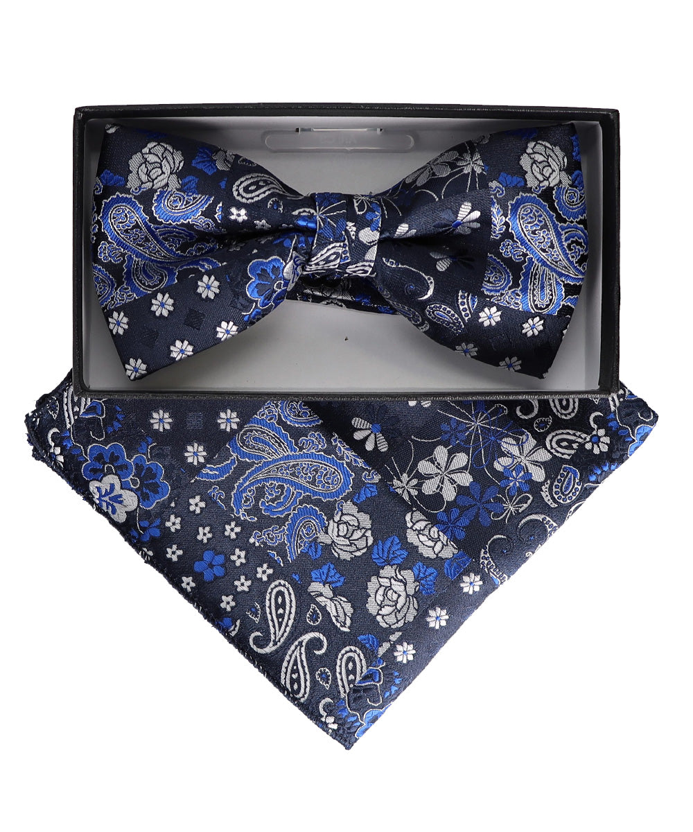 Vittorio Farina Men's Paisley Design Satin Bow Tie &amp; Pocket Square in Gift Box