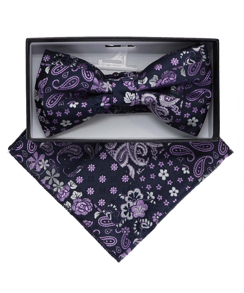 Vittorio Farina Men's Paisley Design Satin Bow Tie &amp; Pocket Square in Gift Box