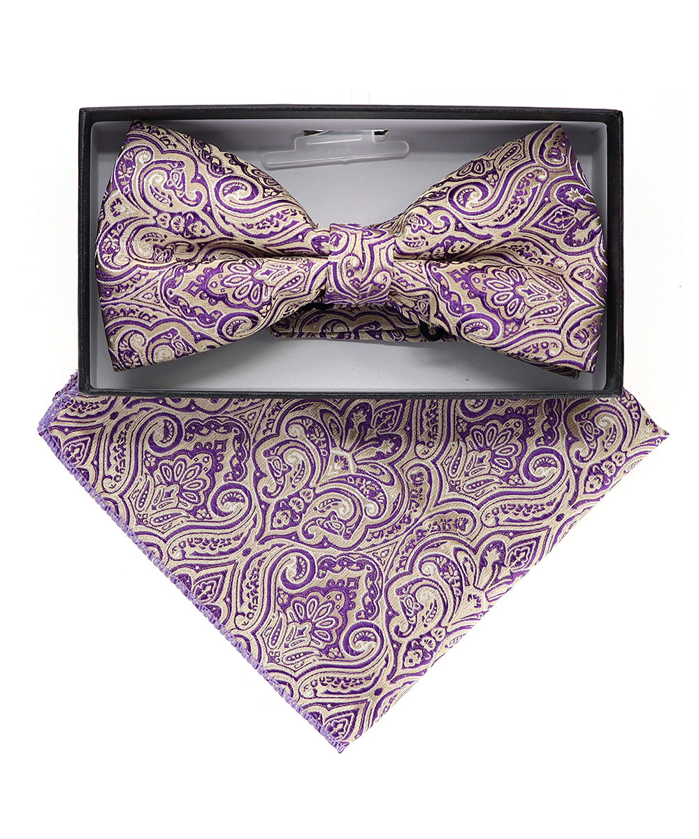 Vittorio Farina Men's Paisley Design Satin Bow Tie &amp; Pocket Square in Gift Box