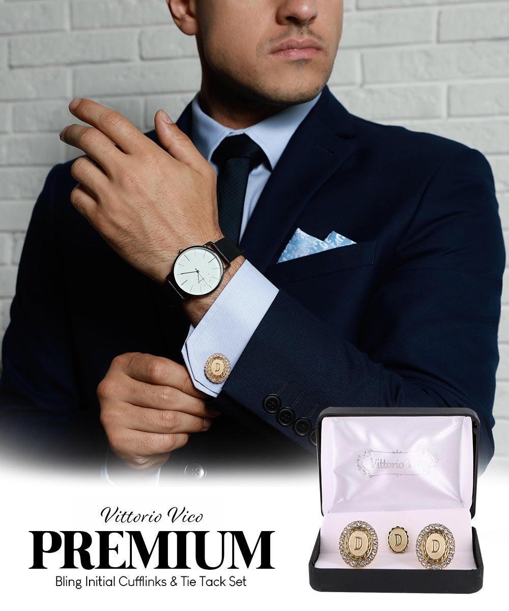 Vittorio Vico Bling Initial Cufflinks &amp; Tie Tack Set in Gift Box
