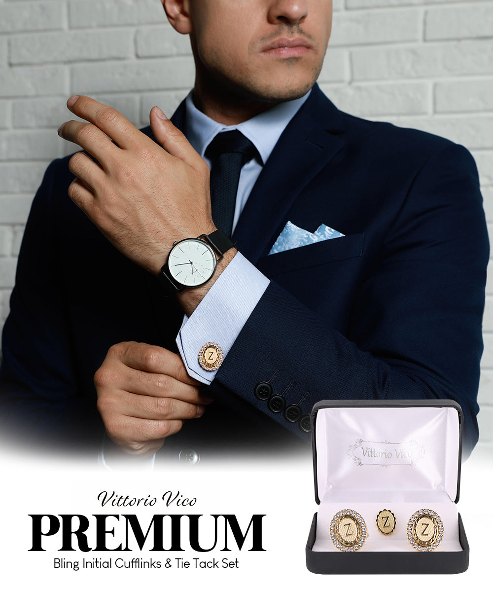 Vittorio Vico Bling Initial Cufflinks &amp; Tie Tack Set in Gift Box