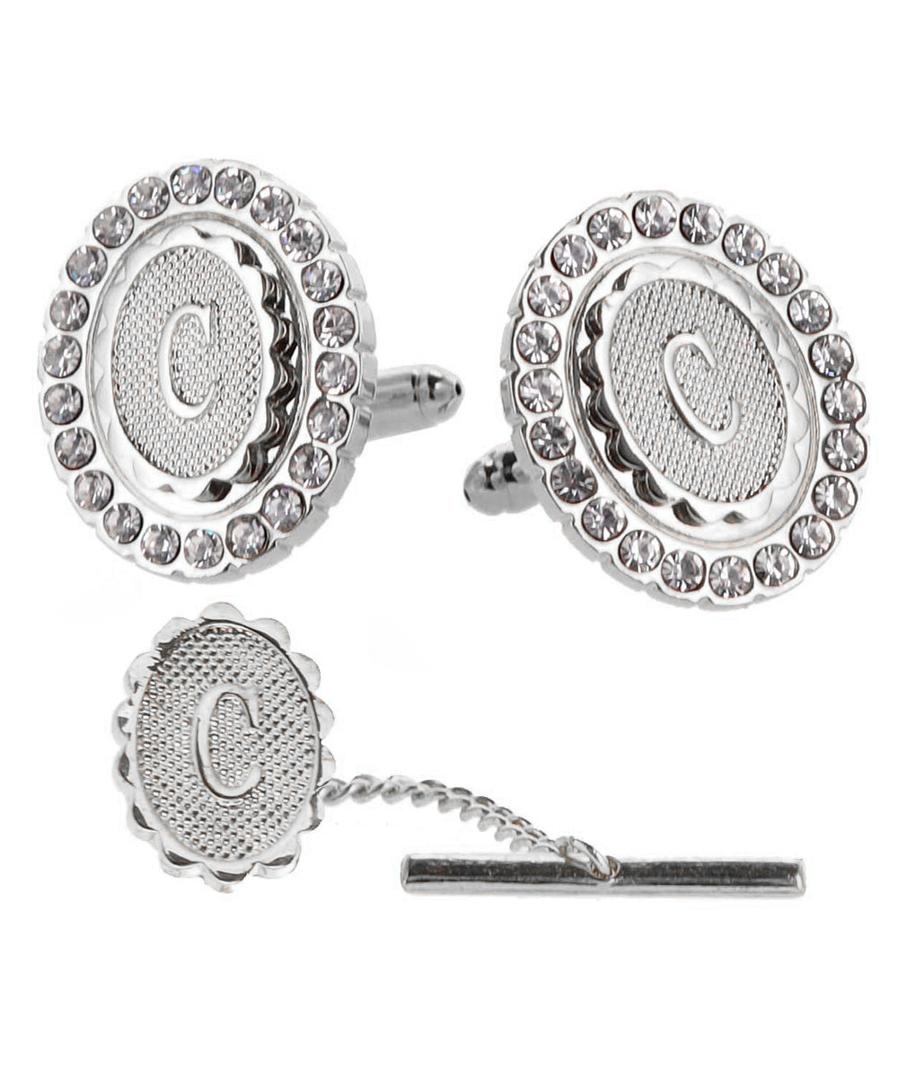 Vittorio Vico Bling Initial Cufflinks &amp; Tie Tack Set in Gift Box
