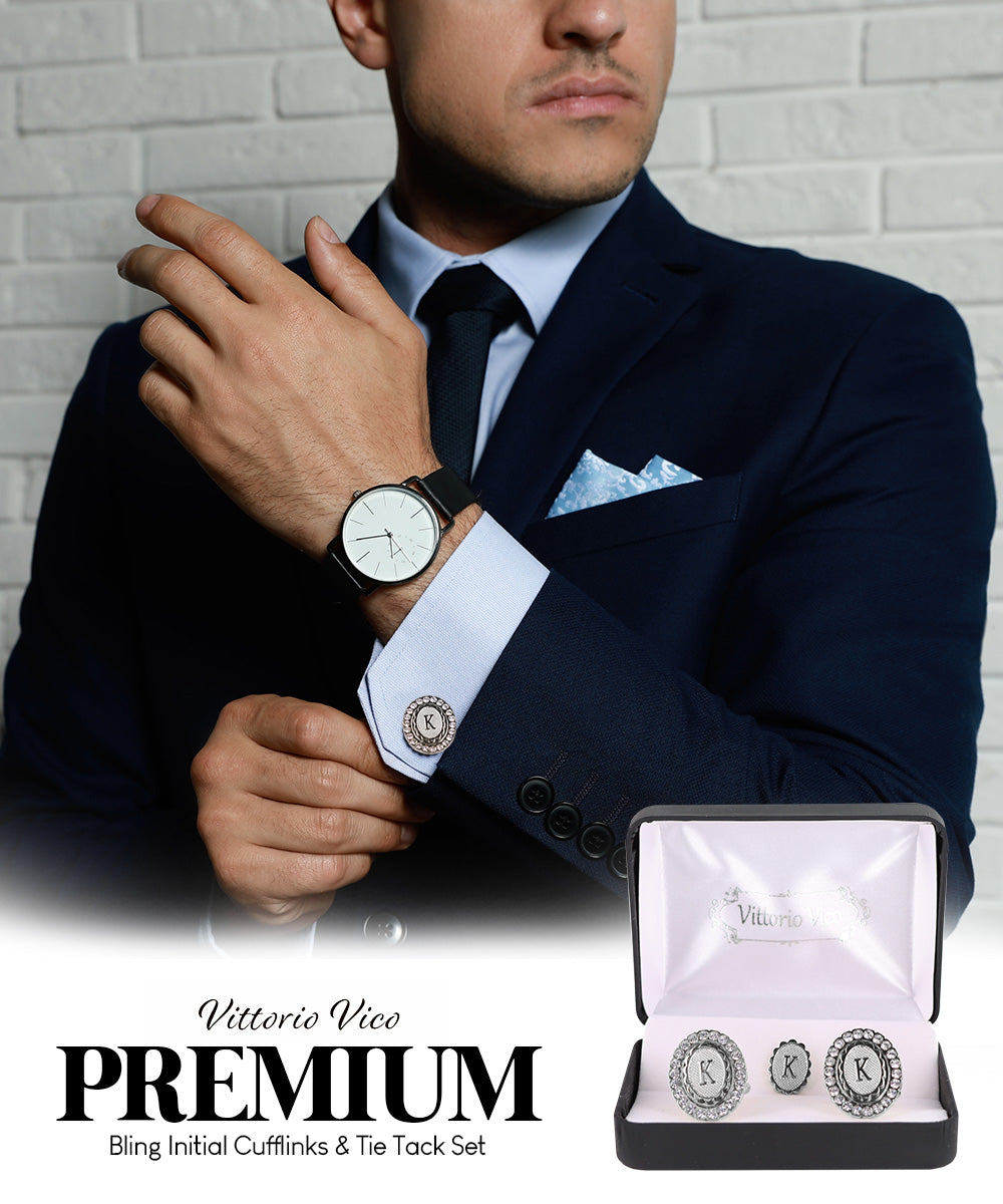 Vittorio Vico Bling Initial Cufflinks &amp; Tie Tack Set in Gift Box