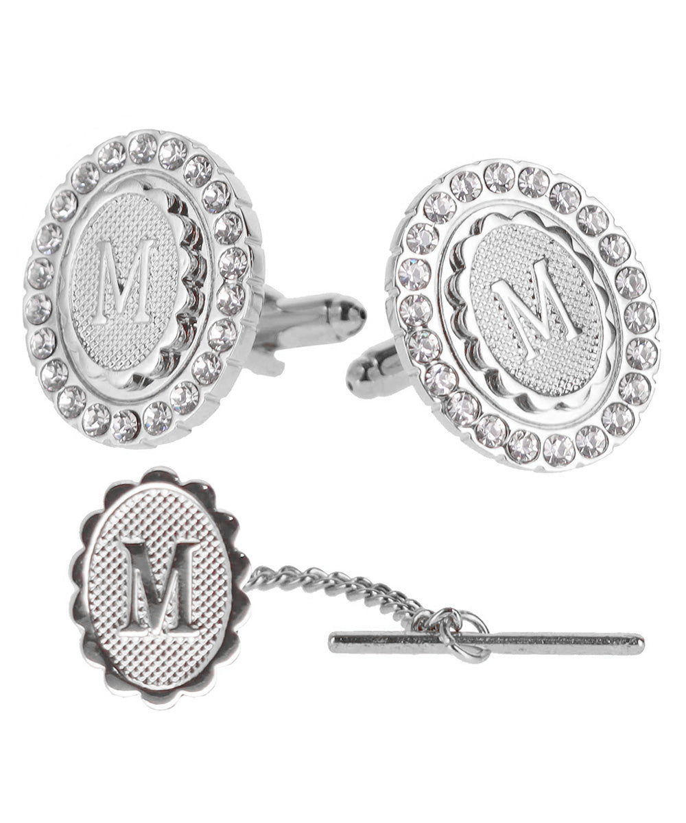 Vittorio Vico Bling Initial Cufflinks &amp; Tie Tack Set in Gift Box