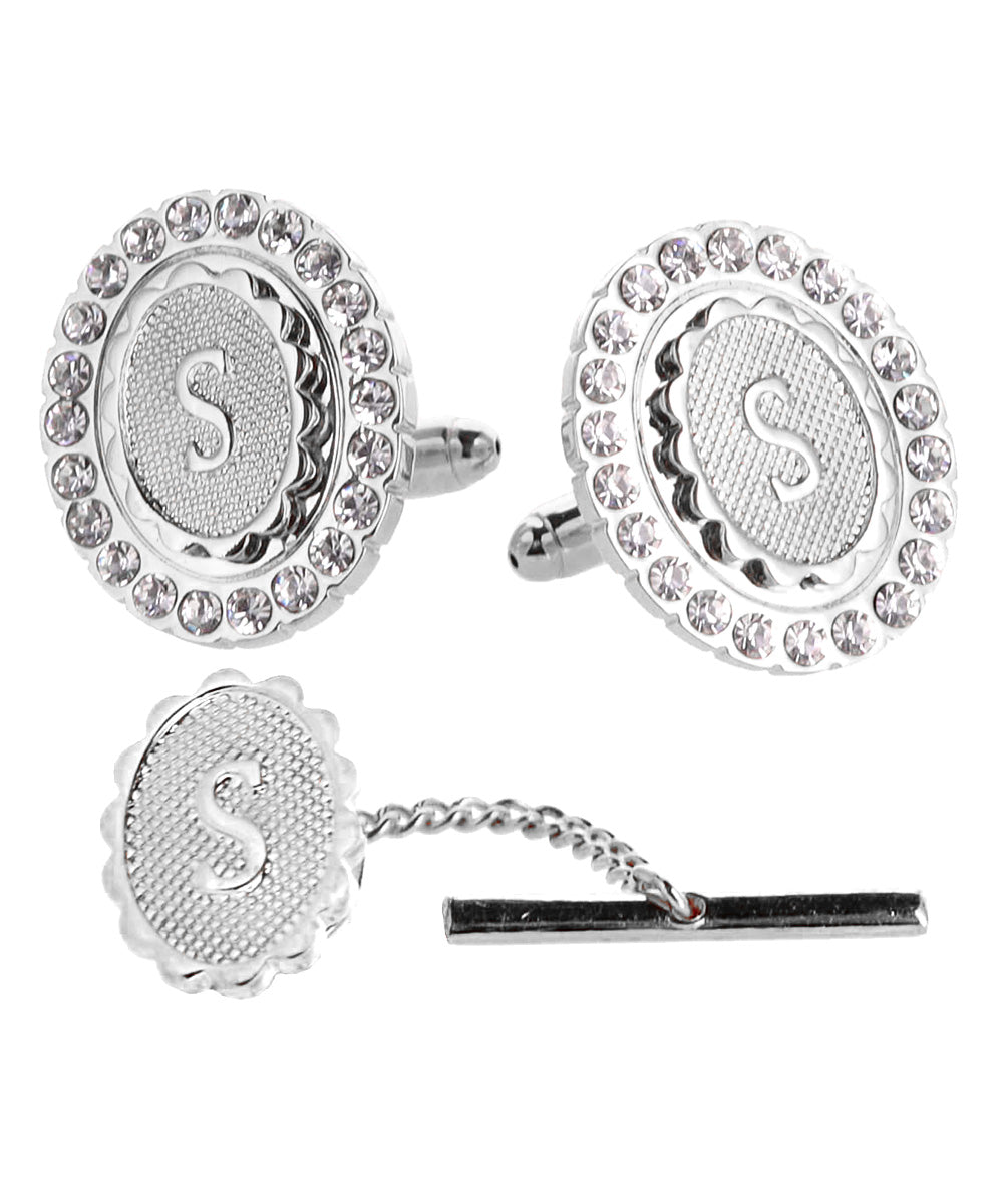 Vittorio Vico Bling Initial Cufflinks &amp; Tie Tack Set in Gift Box