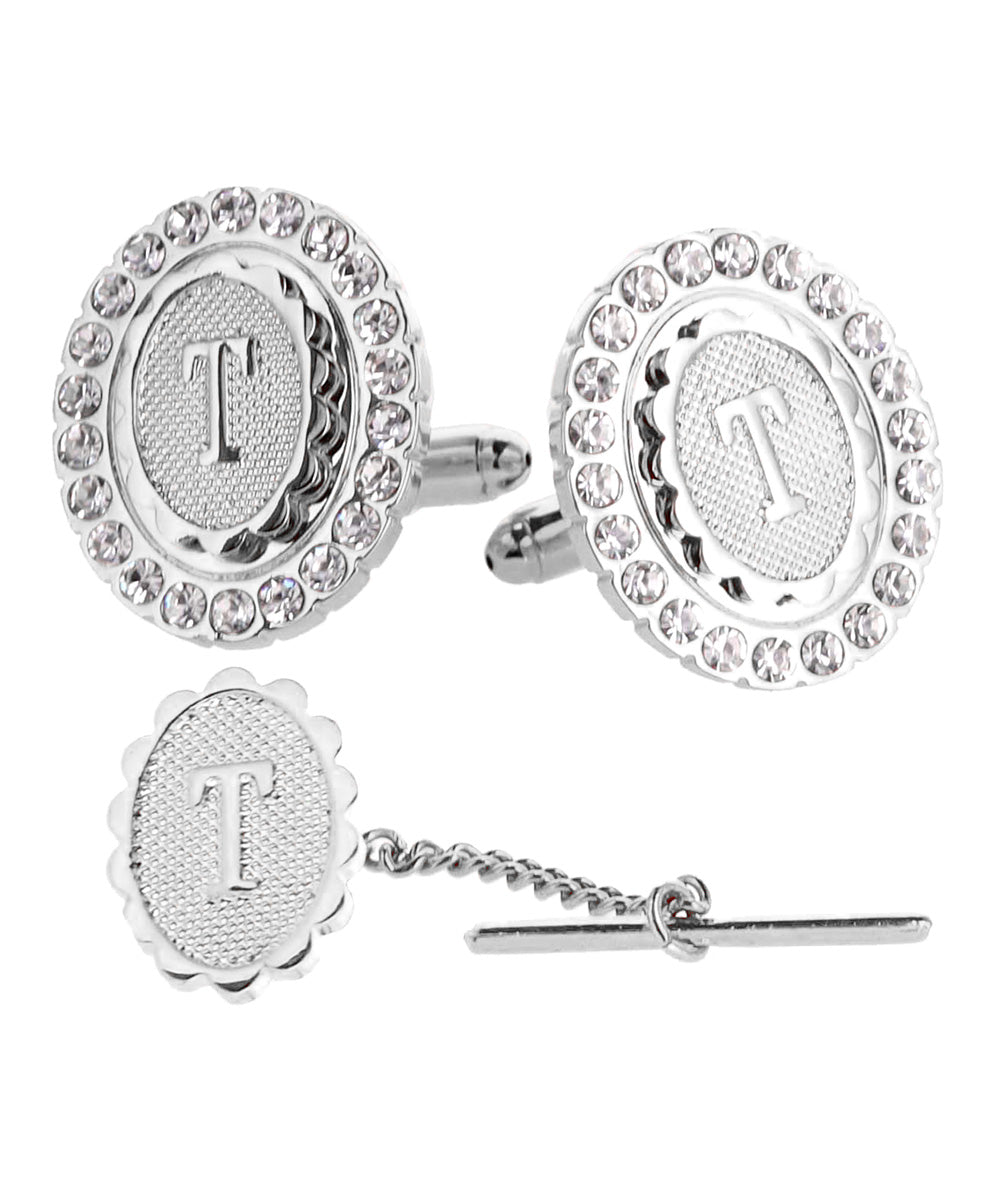 Vittorio Vico Bling Initial Cufflinks &amp; Tie Tack Set in Gift Box
