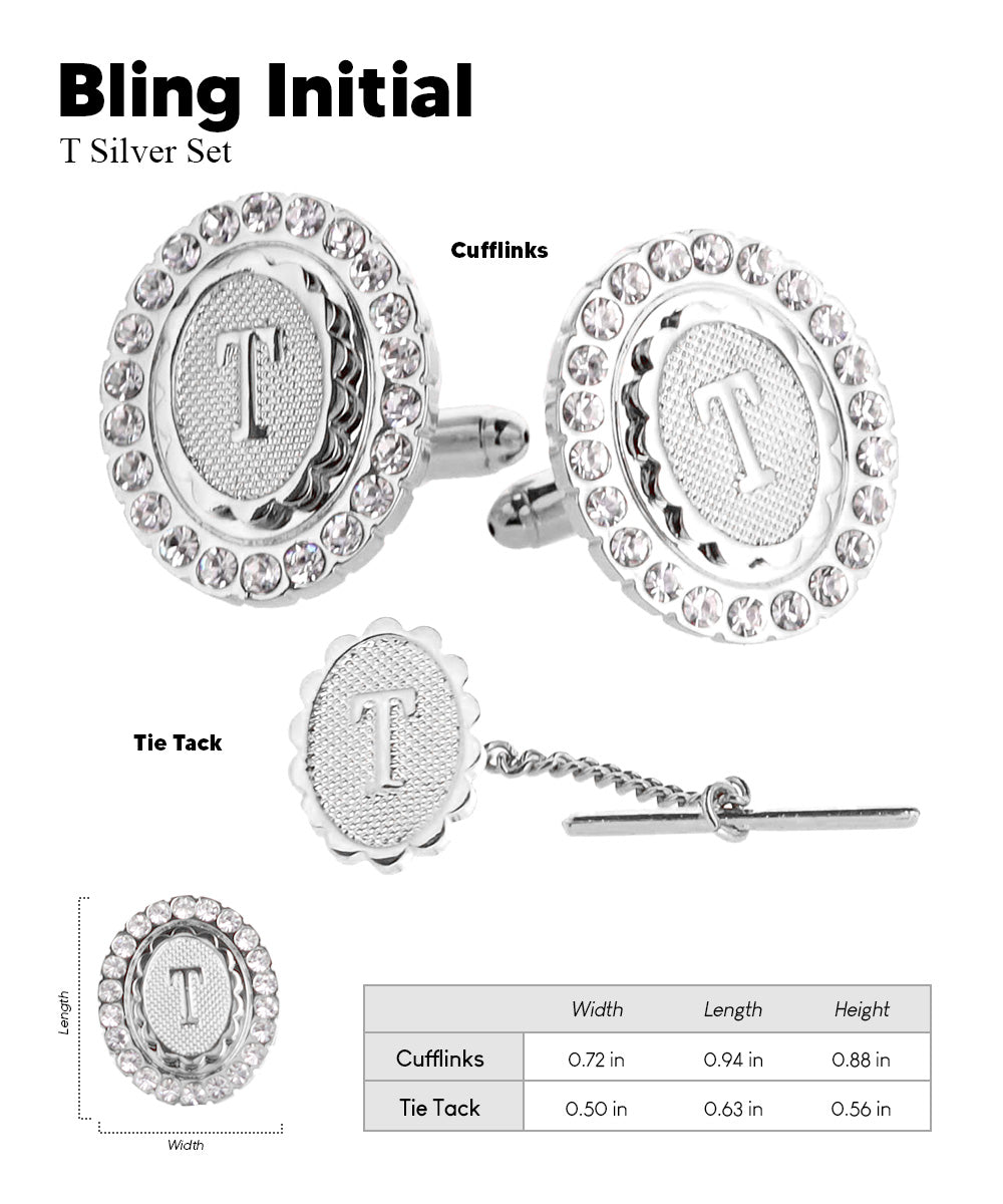 Vittorio Vico Bling Initial Cufflinks &amp; Tie Tack Set in Gift Box