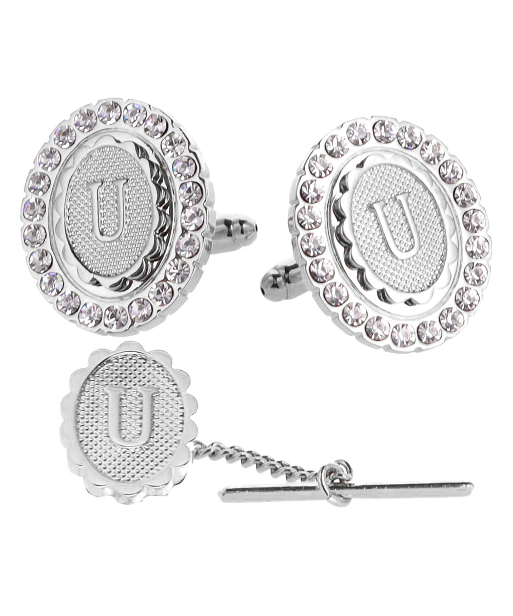 Vittorio Vico Bling Initial Cufflinks &amp; Tie Tack Set in Gift Box