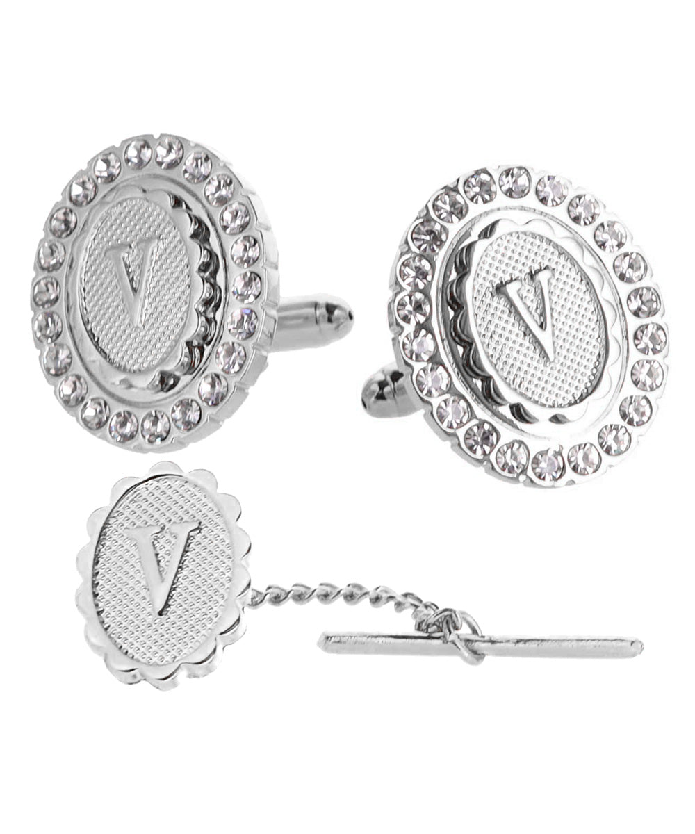 Vittorio Vico Bling Initial Cufflinks &amp; Tie Tack Set in Gift Box