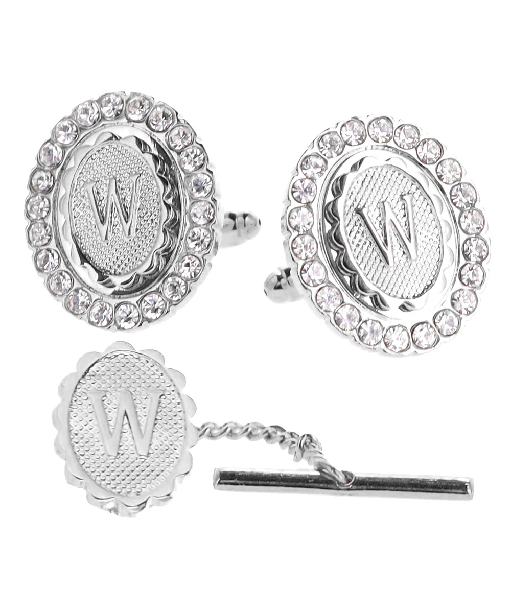 Vittorio Vico Bling Initial Cufflinks &amp; Tie Tack Set in Gift Box