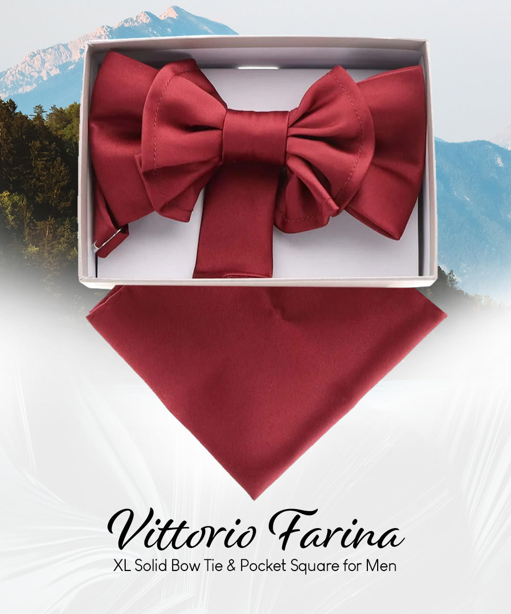 Vittorio Farina Men's XL Solid Satin Bow Tie &amp; Pocket Square in Gift Box