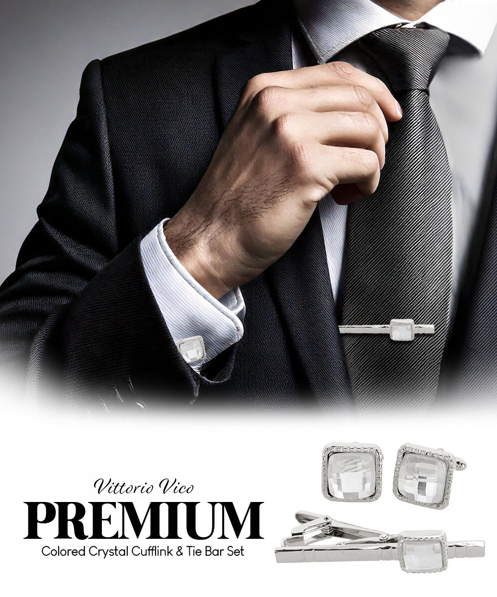 Vittorio Vico Men's Colored Crystal Cufflink &amp; Tie Bar Set in Gift Box