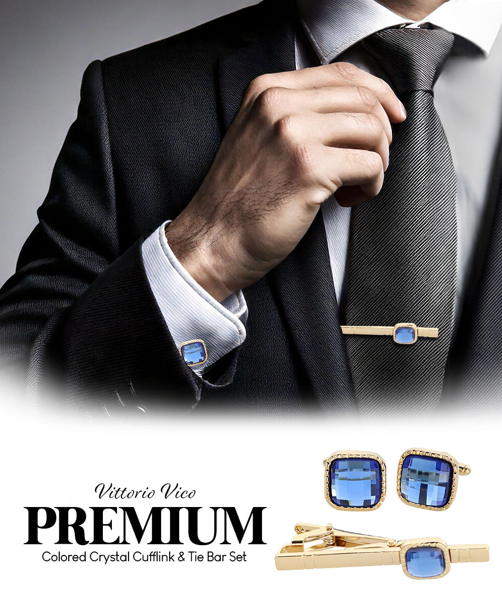 Vittorio Vico Men's Colored Crystal Cufflink &amp; Tie Bar Set in Gift Box